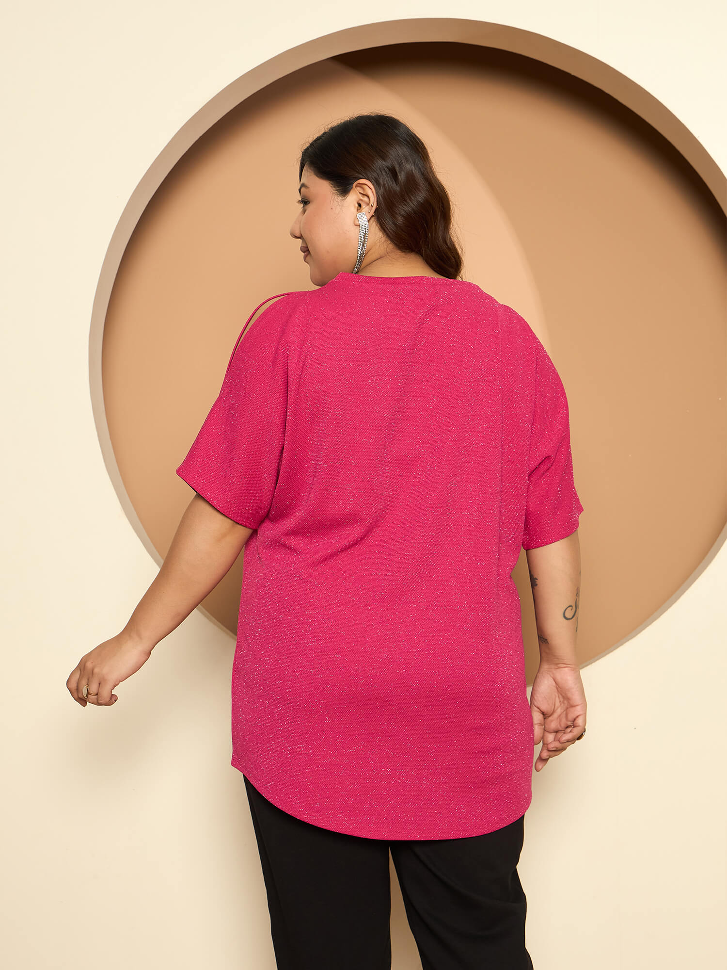 LB-Sally Cold Shoulder Dolman Sleeve Top-Hot Pink