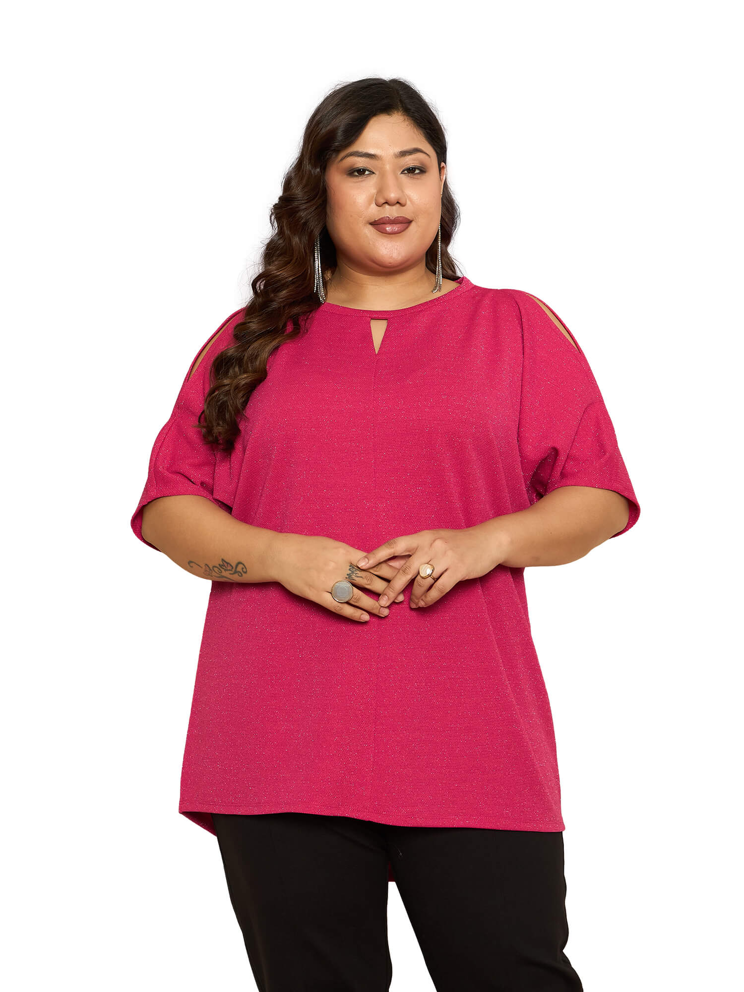 LB-Sally Cold Shoulder Dolman Sleeve Top-Hot Pink