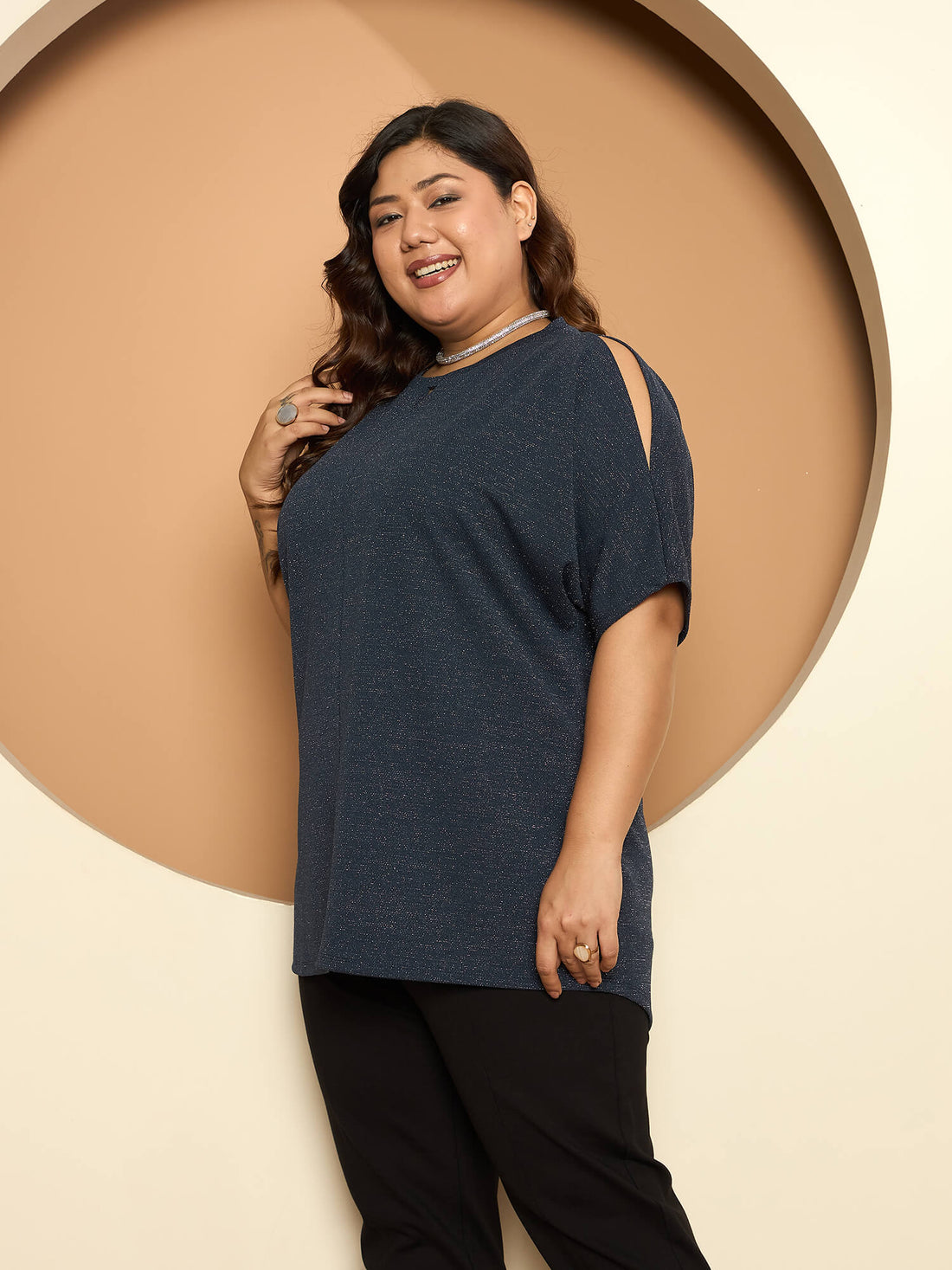 LB-Sally Cold Shoulder Dolman Sleeve Top-Navy