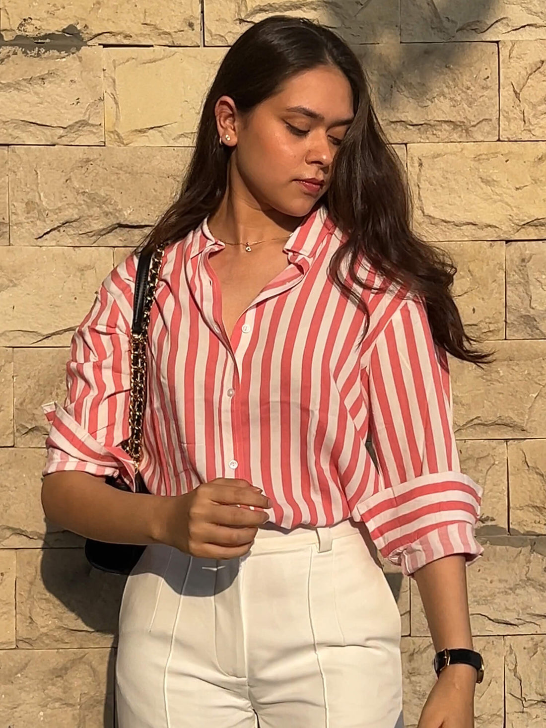 Fiora Oversized Shirt-Pink &amp; White