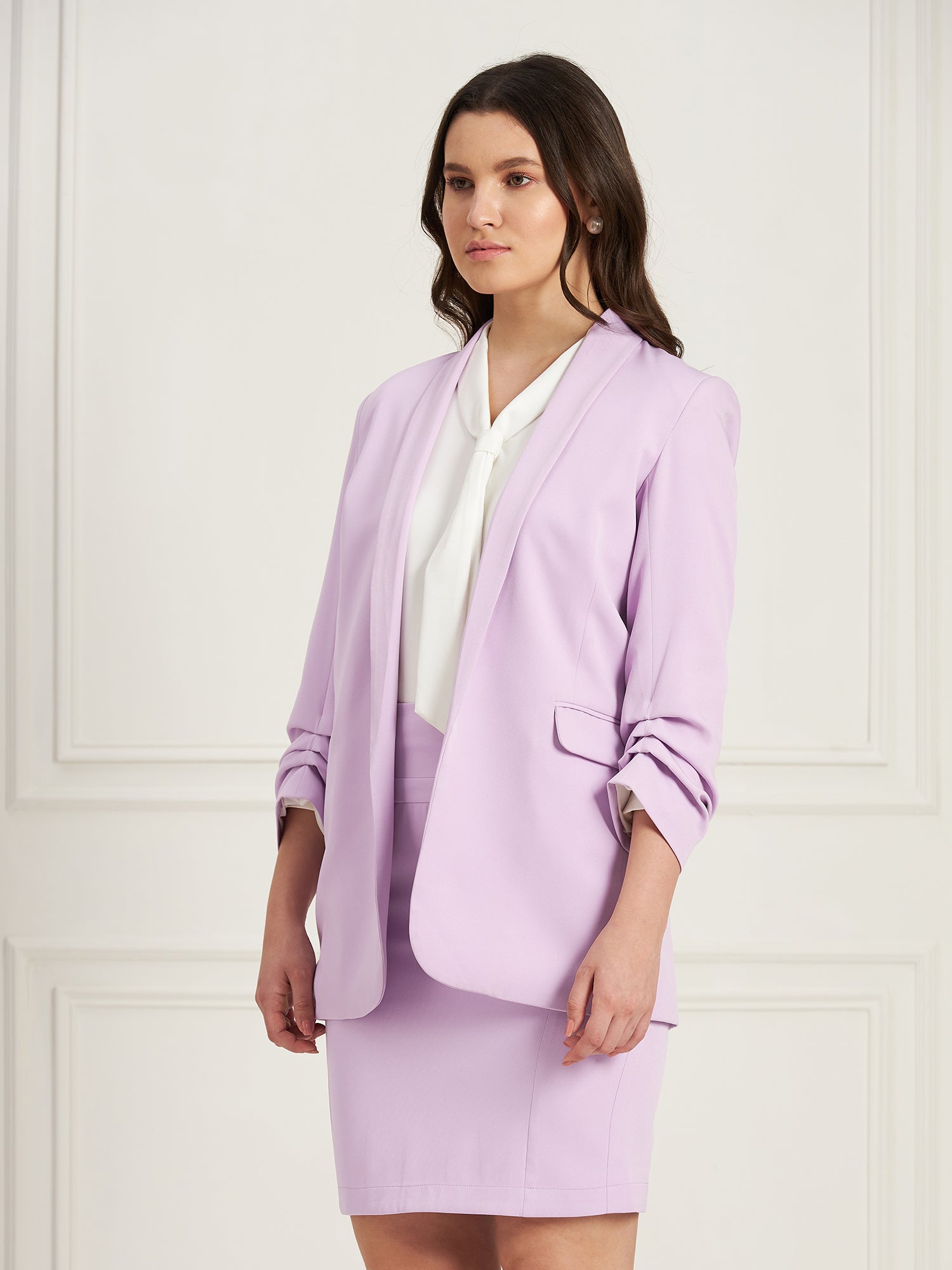 Spunky Ruched Sleeve Blazer-Lavender