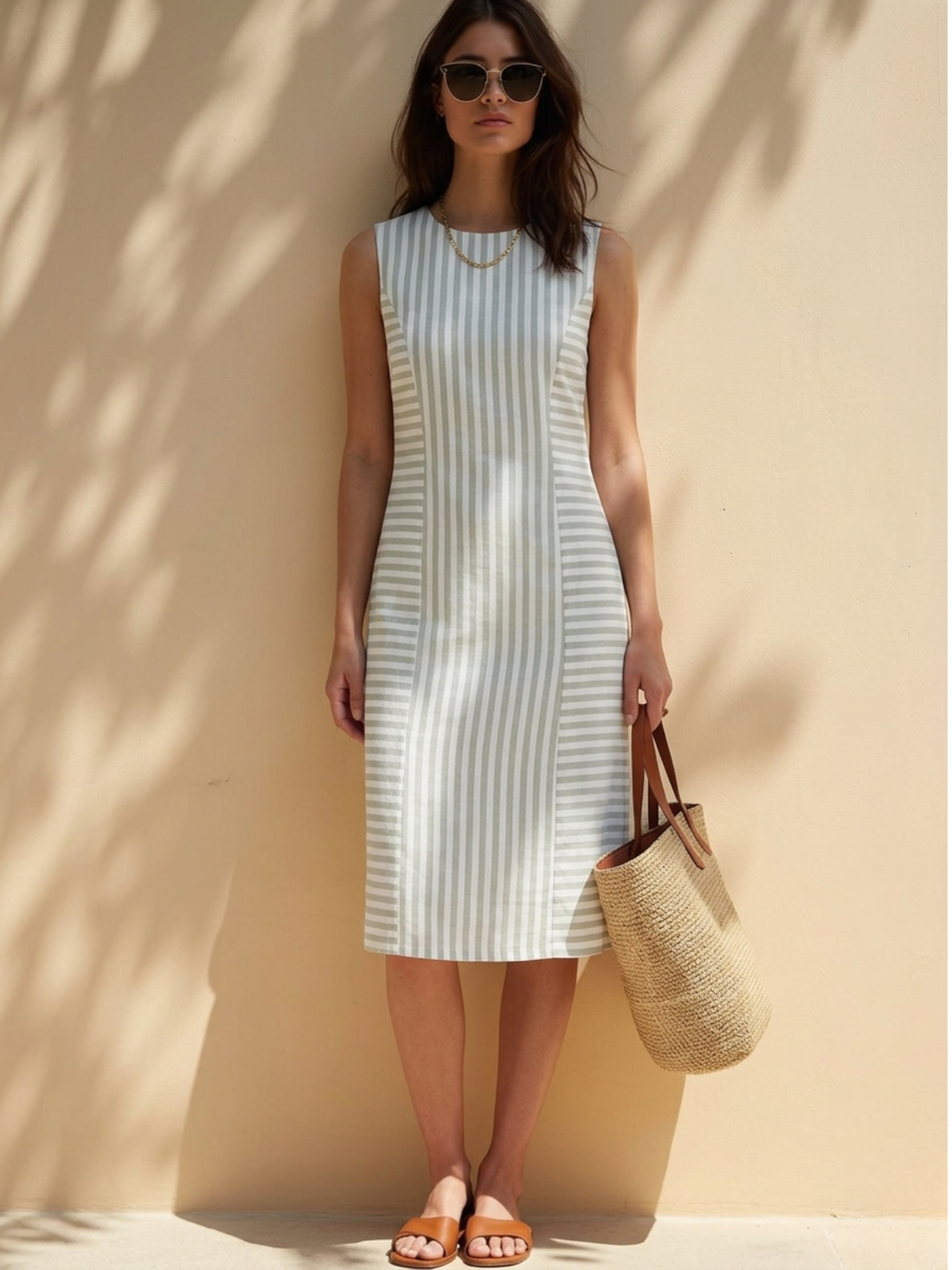 Norvia Stripe Placement Shift Dress-Green &amp; White