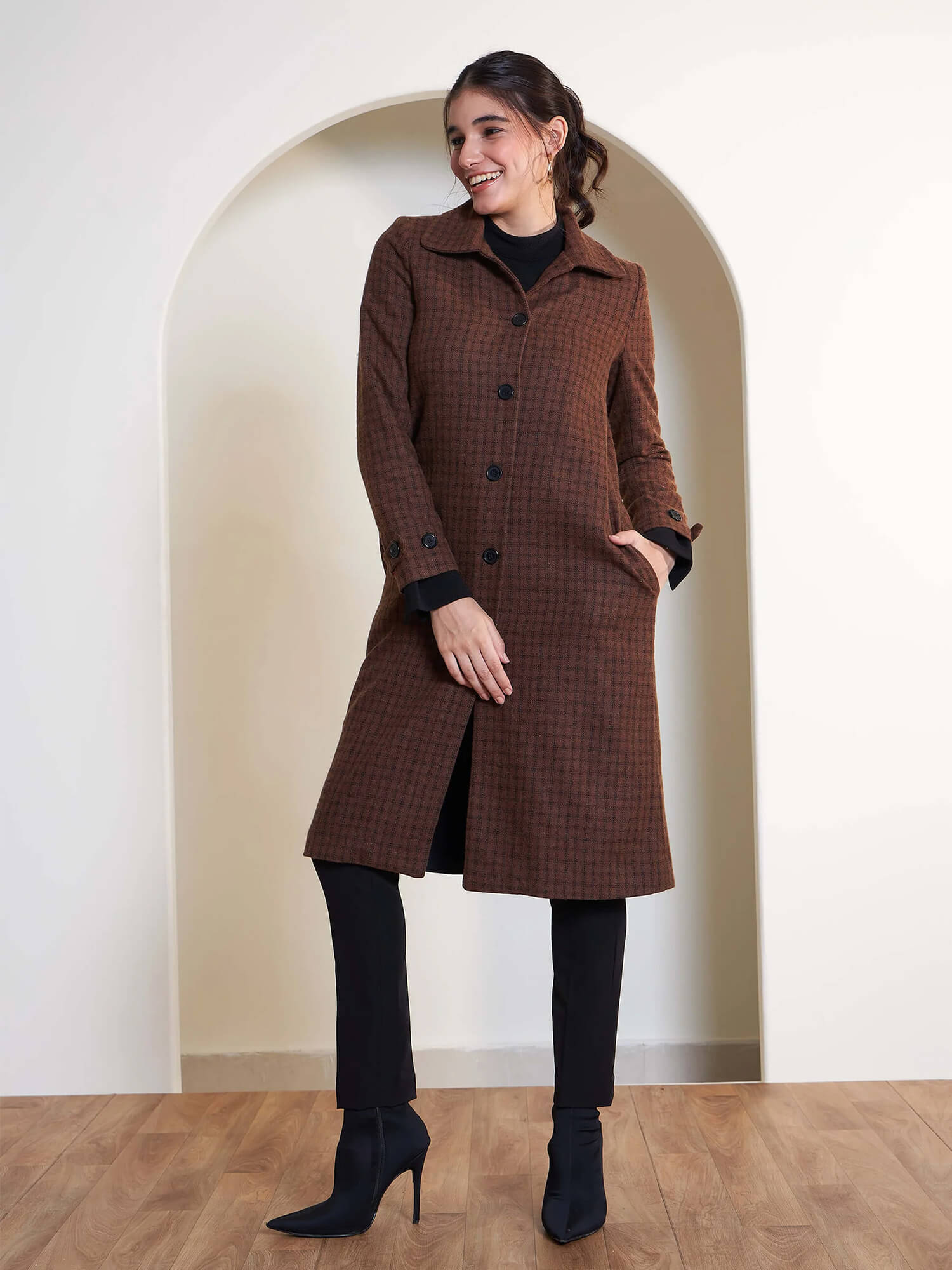 Adeline Plaid Collared Coat - Brown