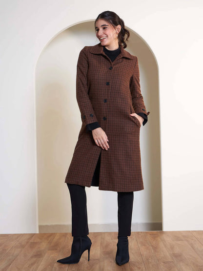 Adeline Plaid Collared Coat - Brown