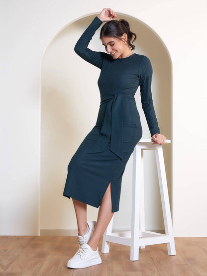 Agnes Longline Rib Knit Dress - Dark Green