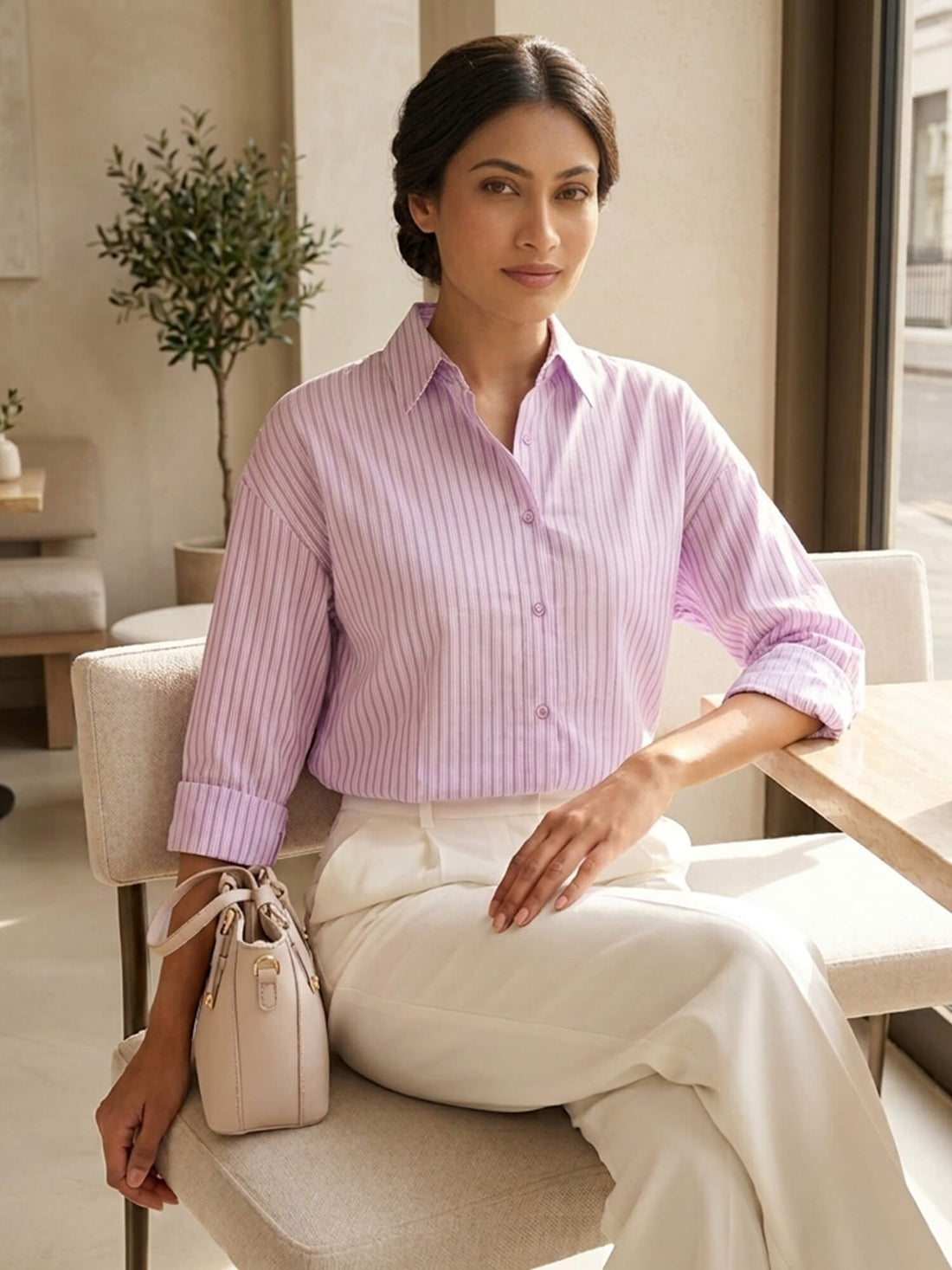 Airel Lace Detail Striped Shirt-Lilac