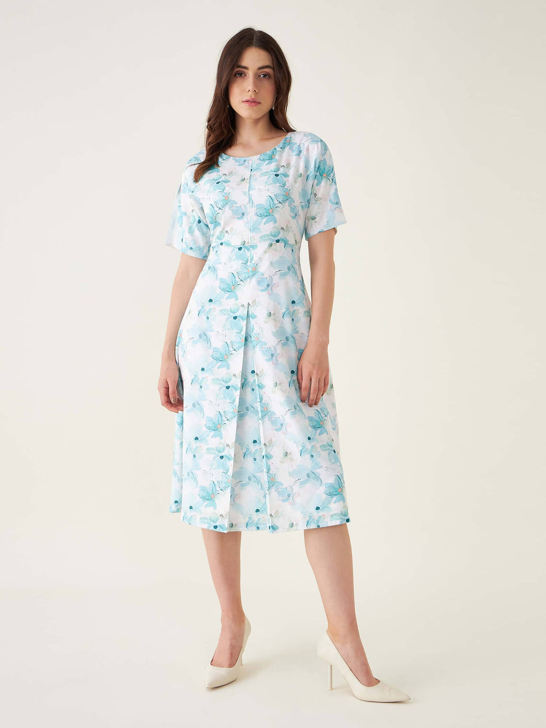 Alicia Floral Front Pleated Dress - Blue/White