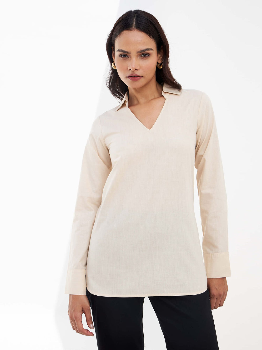 Allure Collared Long Top - Beige