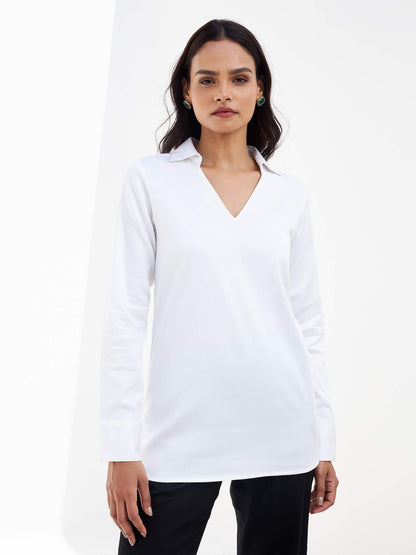 Allure Collared Long Top - White