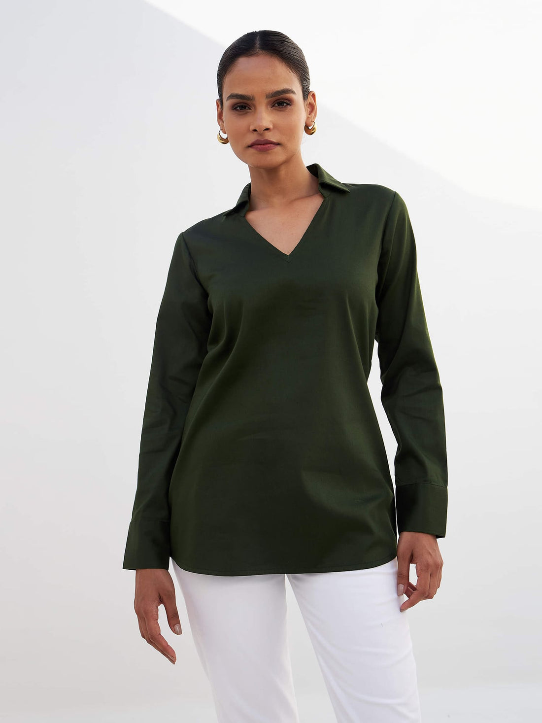 Allure-Olive Green Collared Long Top - Olive