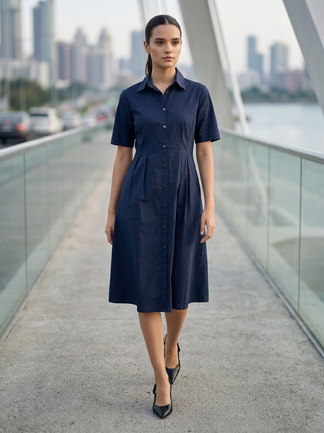 Arisea Pleat Detail Shirt Dress-Navy