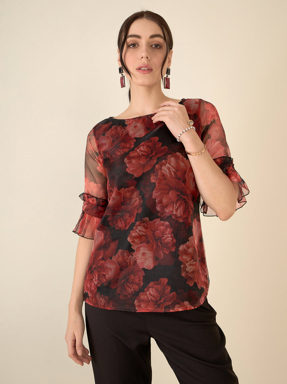 Asharfi Floral Ruffled Sleeves Top-Red/Black