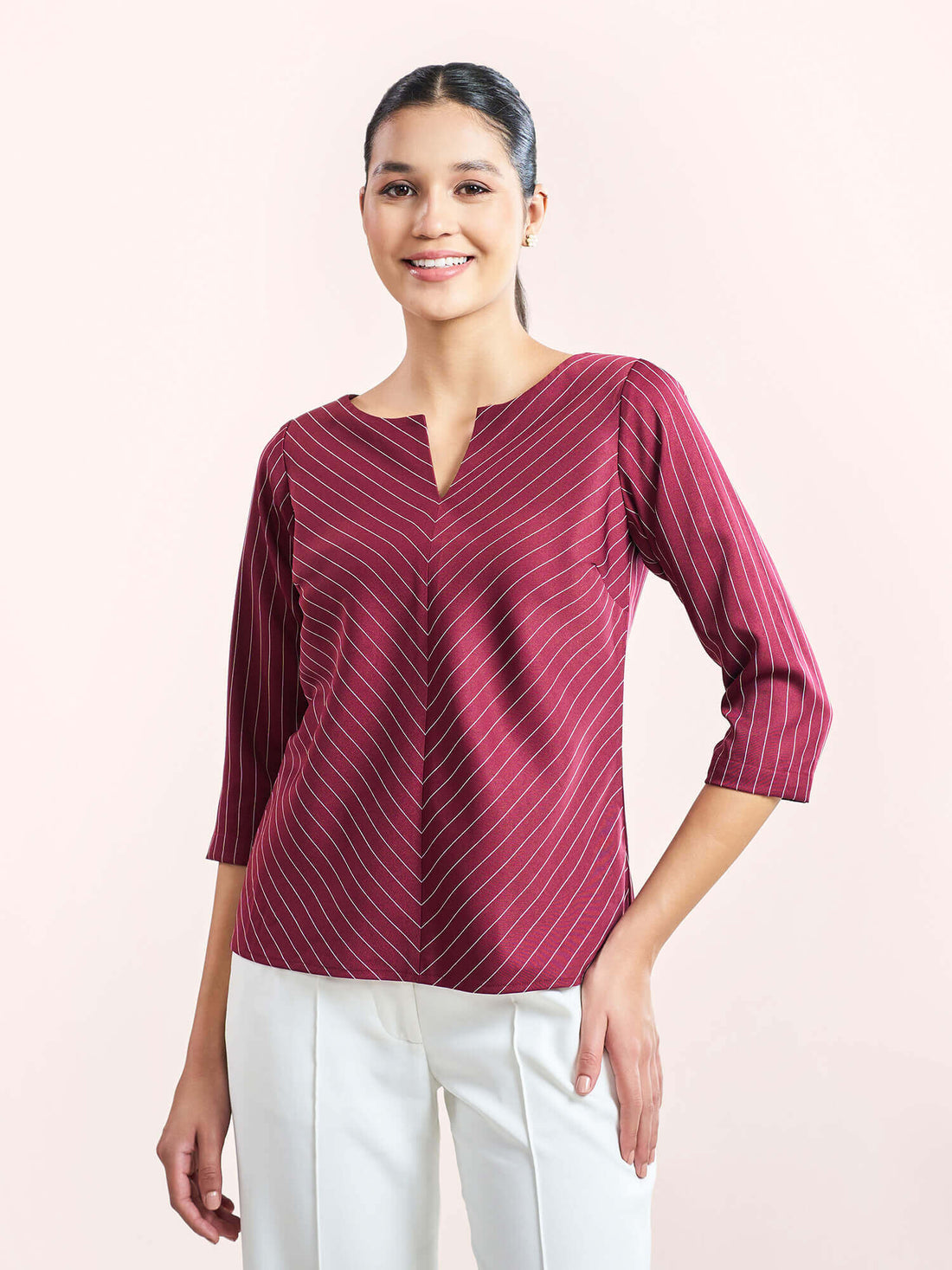 Askew-Maroon Striped V-Neck Slit Top - Maroon &amp; White