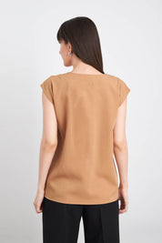 Passionate-V-neck drop shoulder top - Beige Brown