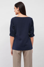 Mocha Pleated Sleeve Top - Navy