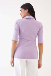 Woody-Lilac Collared Rib Knit Top - Lilac