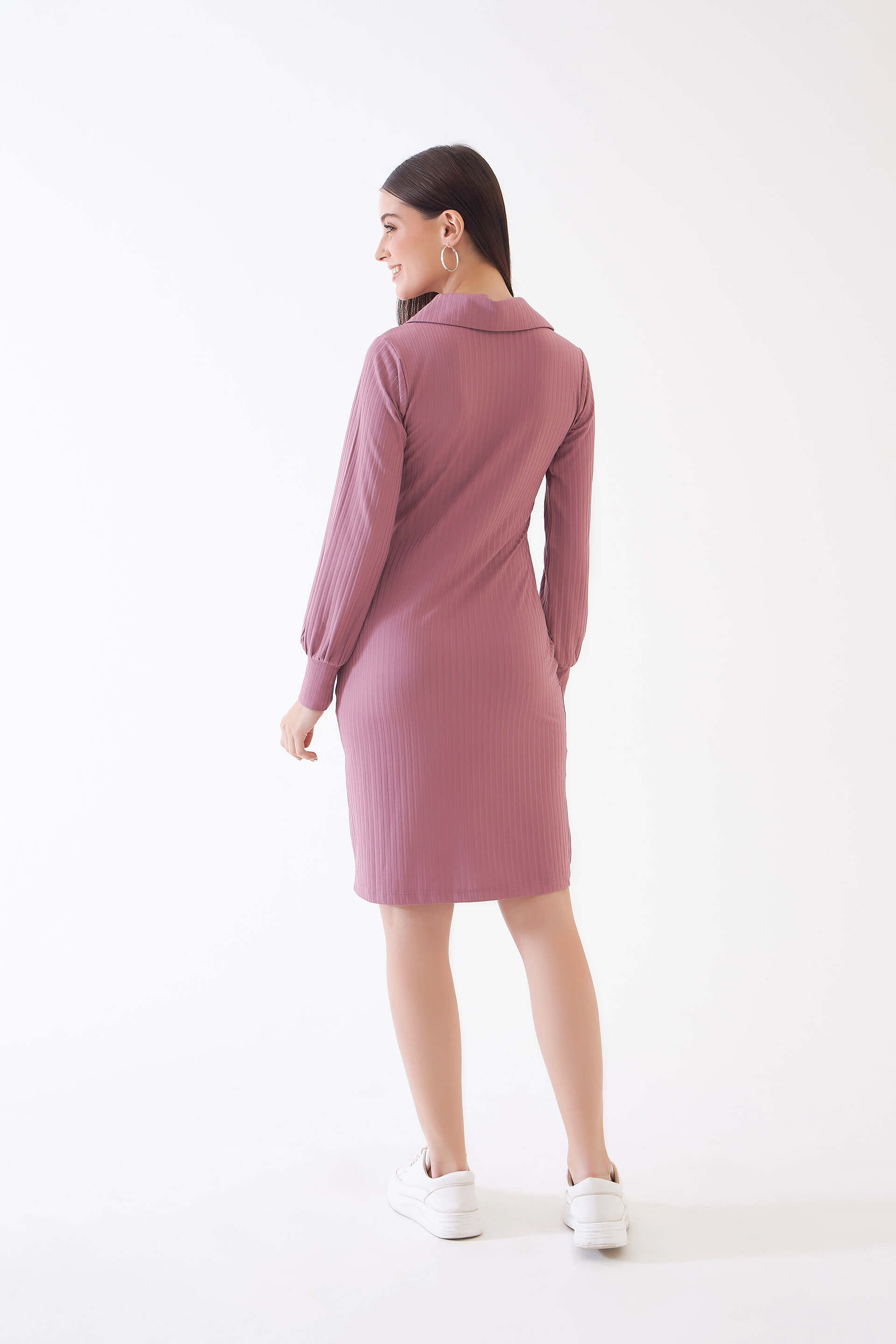 Elsie Collared Rib Knit Dress - Dusty Pink