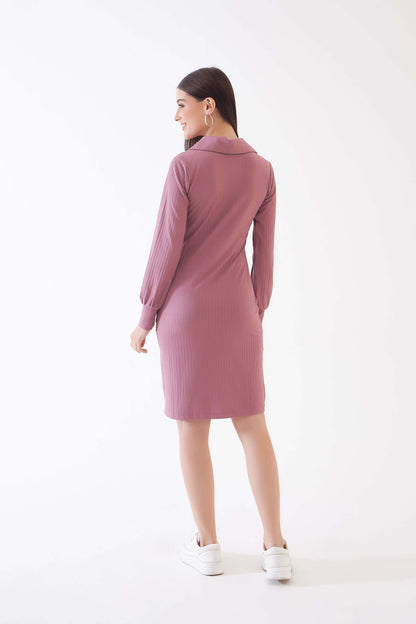 Elsie Collared Rib Knit Dress - Dusty Pink