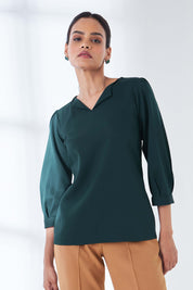 Modish Puffed Sleeves Top - Dark Green