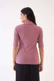 Woody-Dusty Pink Collared Rib Knit Top - Dusty Pink