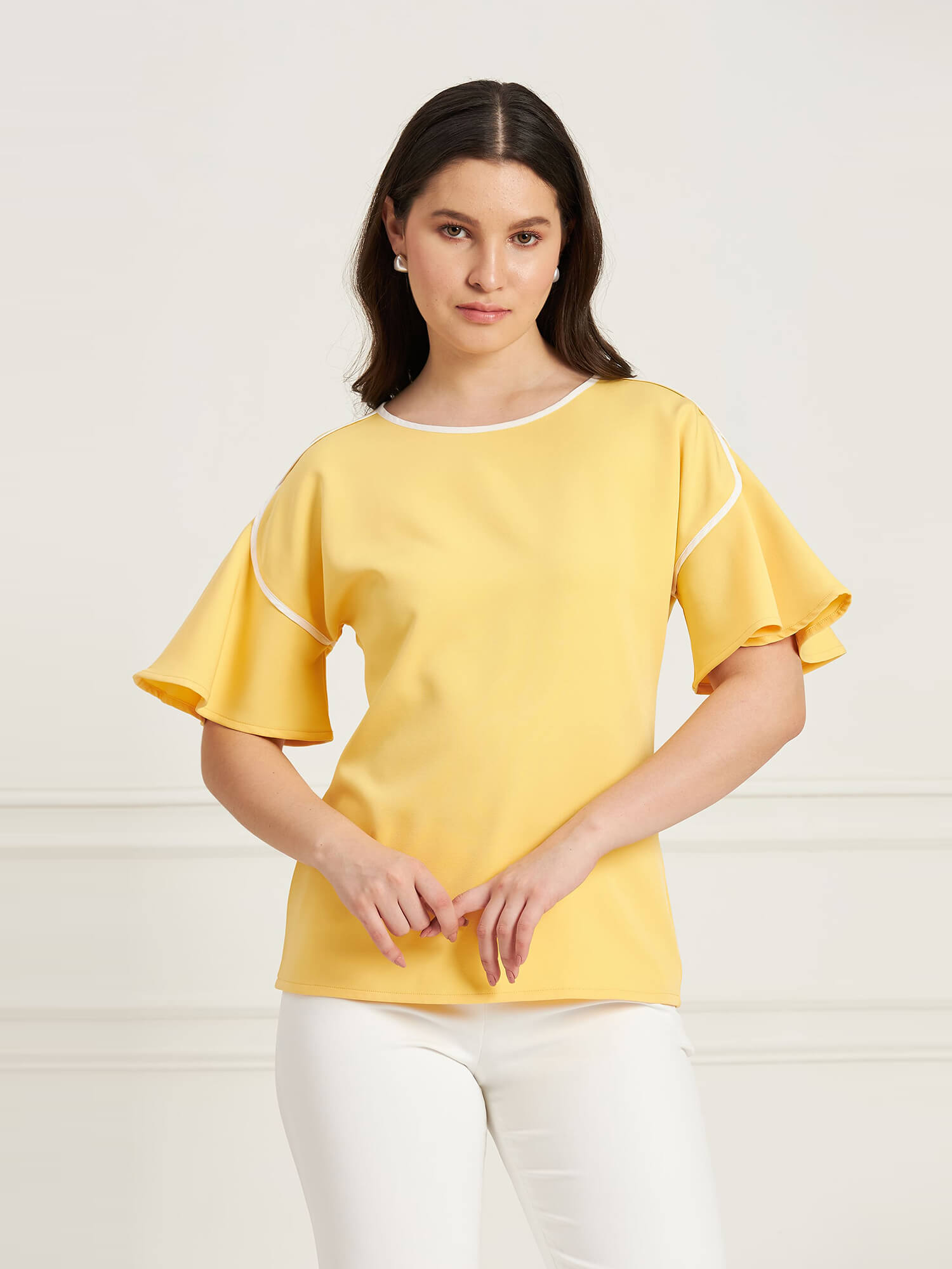 Chloe-Yellow &amp; White Contrast Piping Top - Yellow