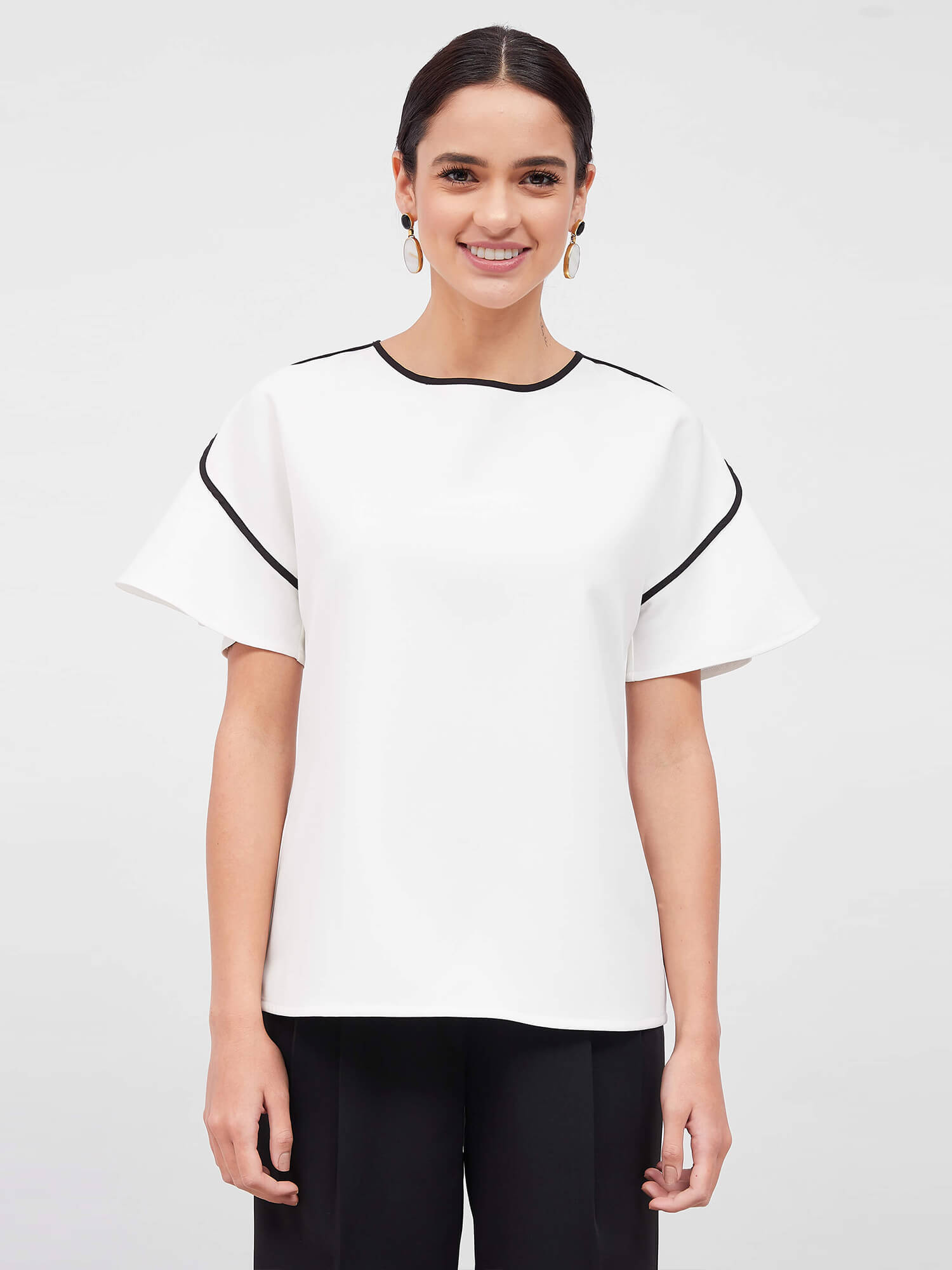 Chloe Formal Flare Sleeve Print Top - Black &amp; White - SALT Attire