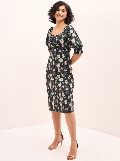 Dusky Floral Ruched Dress - Multicolor