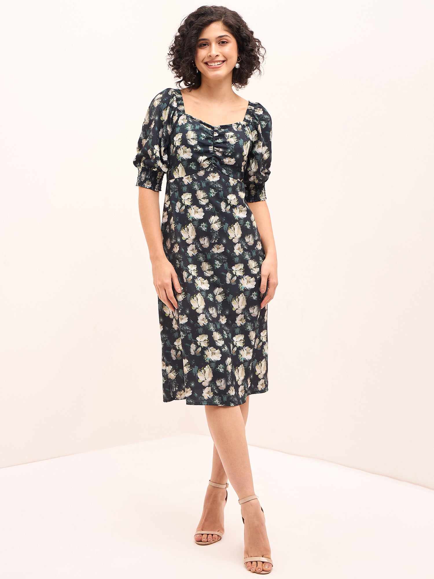 Dusky Floral Ruched Dress - Multicolor