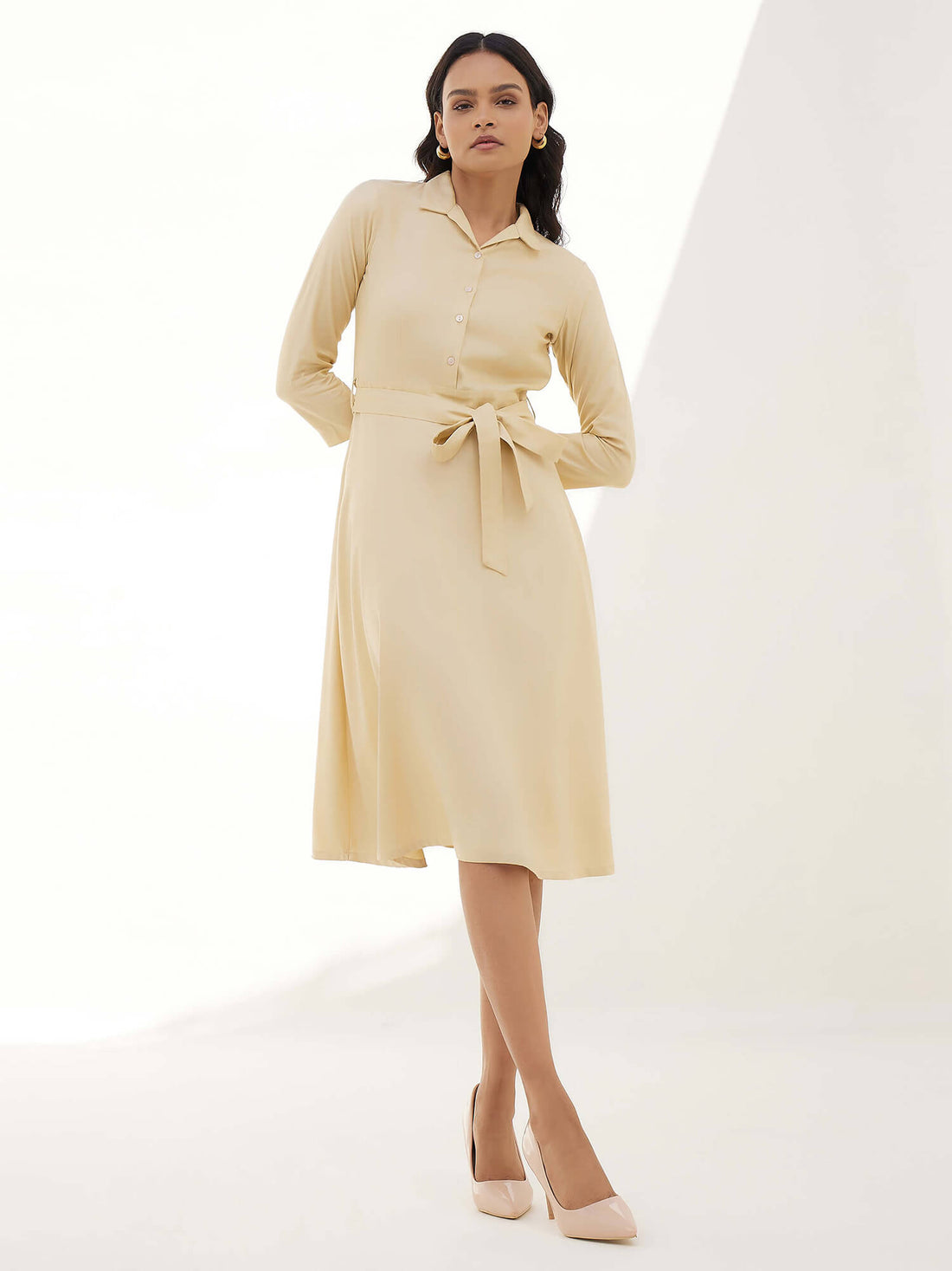 Edith Fit and Flared Shirt Dress - Beige