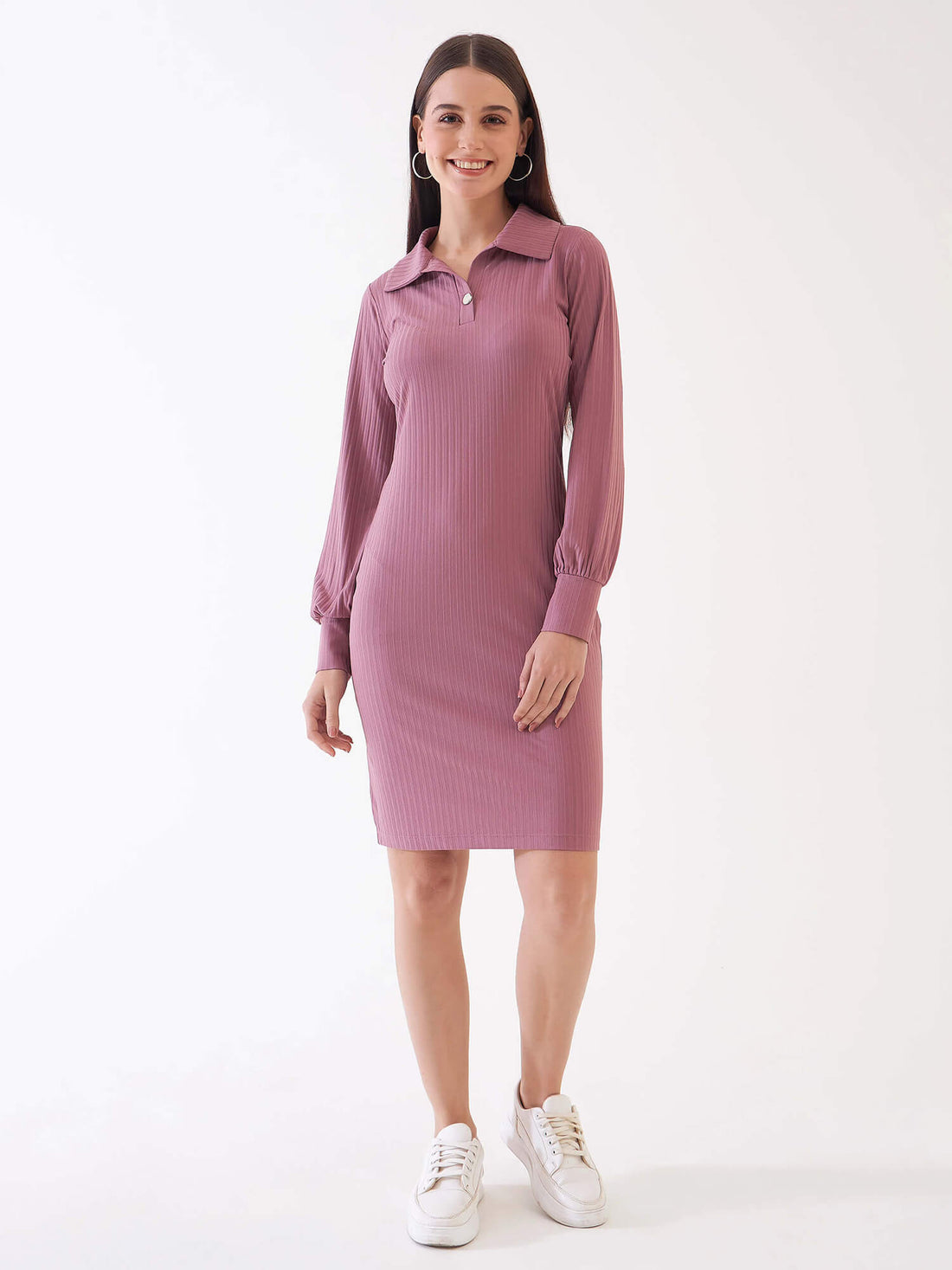 Elsie Collared Rib Knit Dress - Dusty Pink