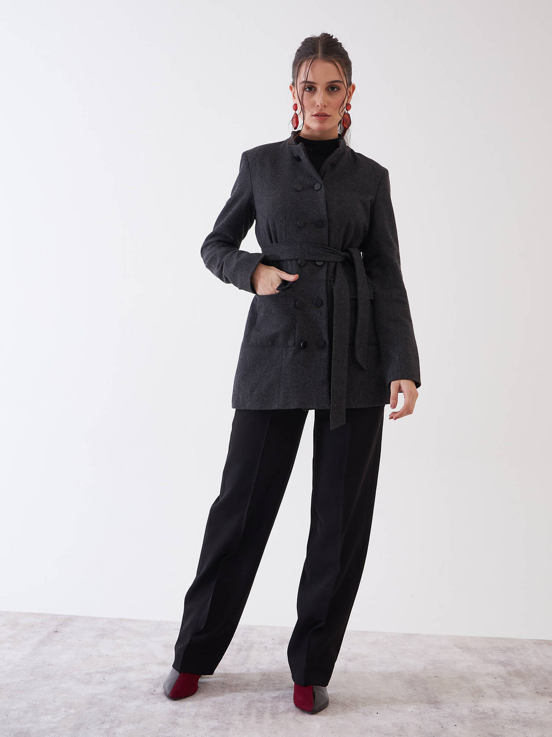 Elvira Belted Button Embellished Blazer - Grey