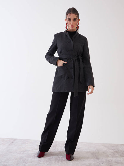 Elvira Belted Button Embellished Blazer - Grey