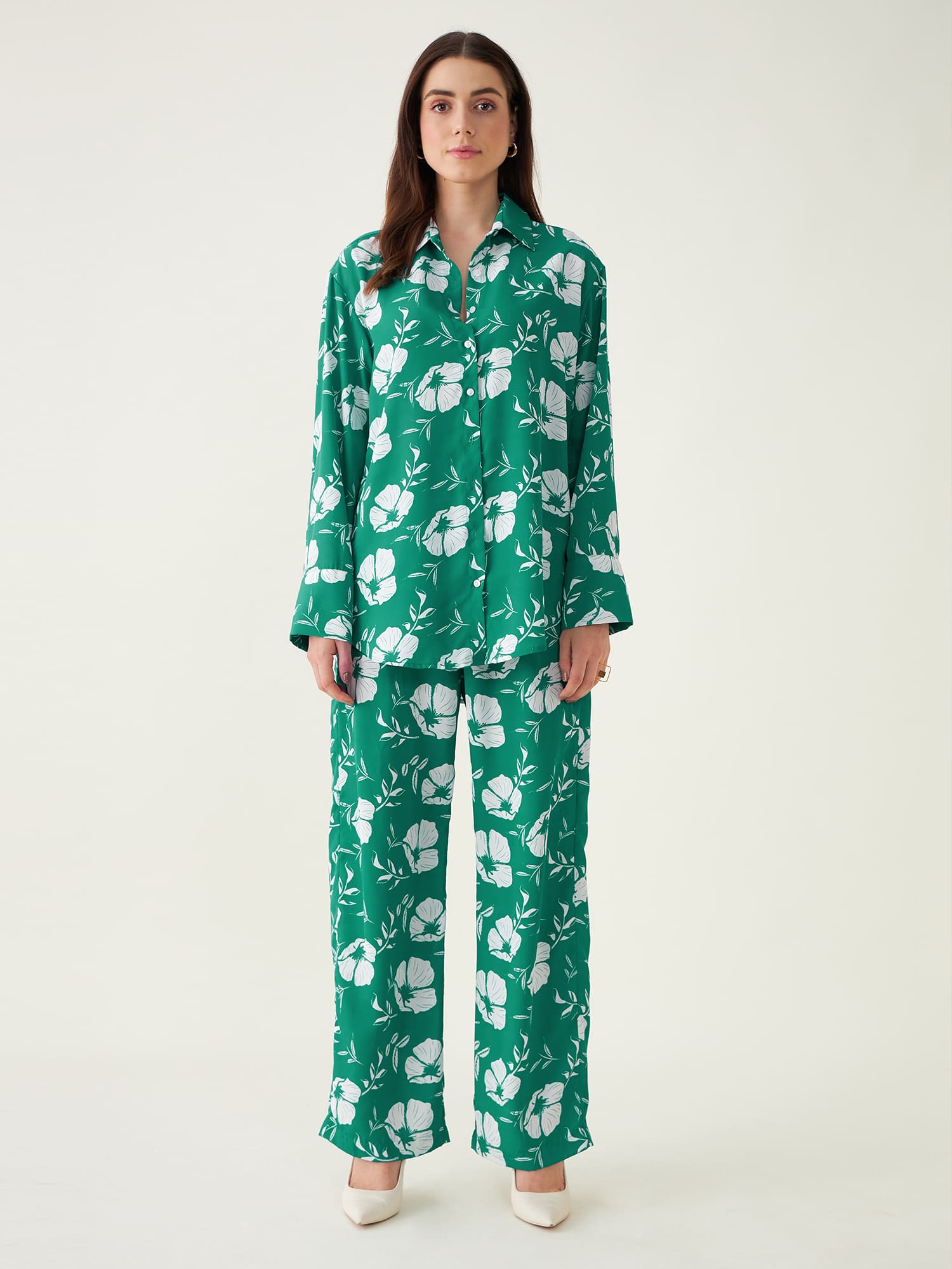 Evergreen Co-Ord Set Floral Co-Ord Set - Green/White