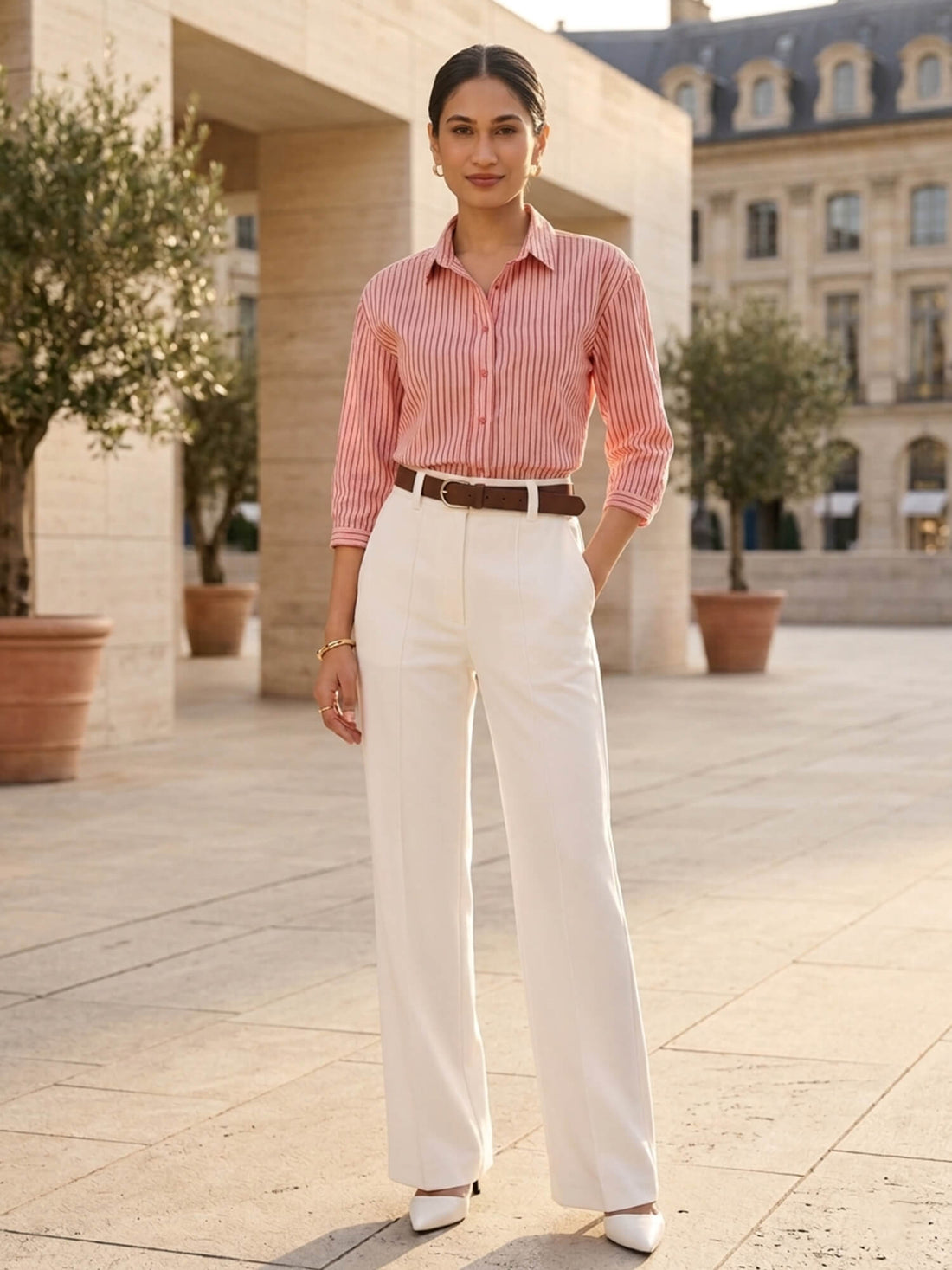 Evora Relaxed Shirt With Elbow Length Sleeves-Coral Pink