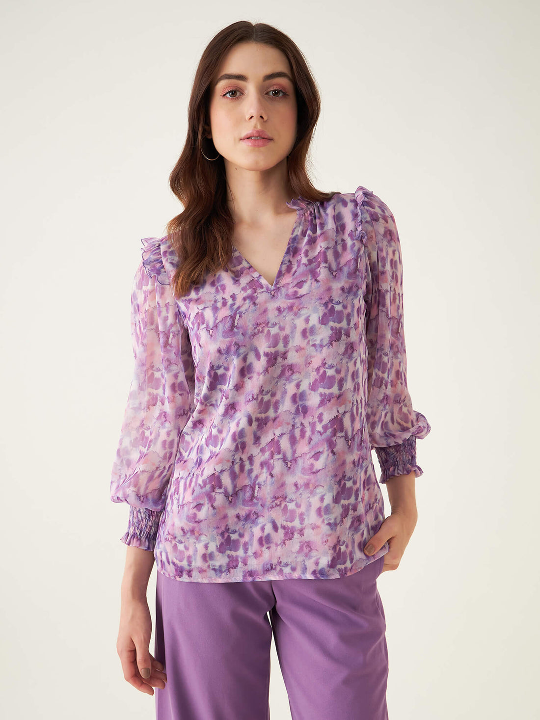 Flora Abstract Ruffled Top - Purple/White