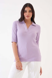 Woody Collared Rib Knit Top - Lilac