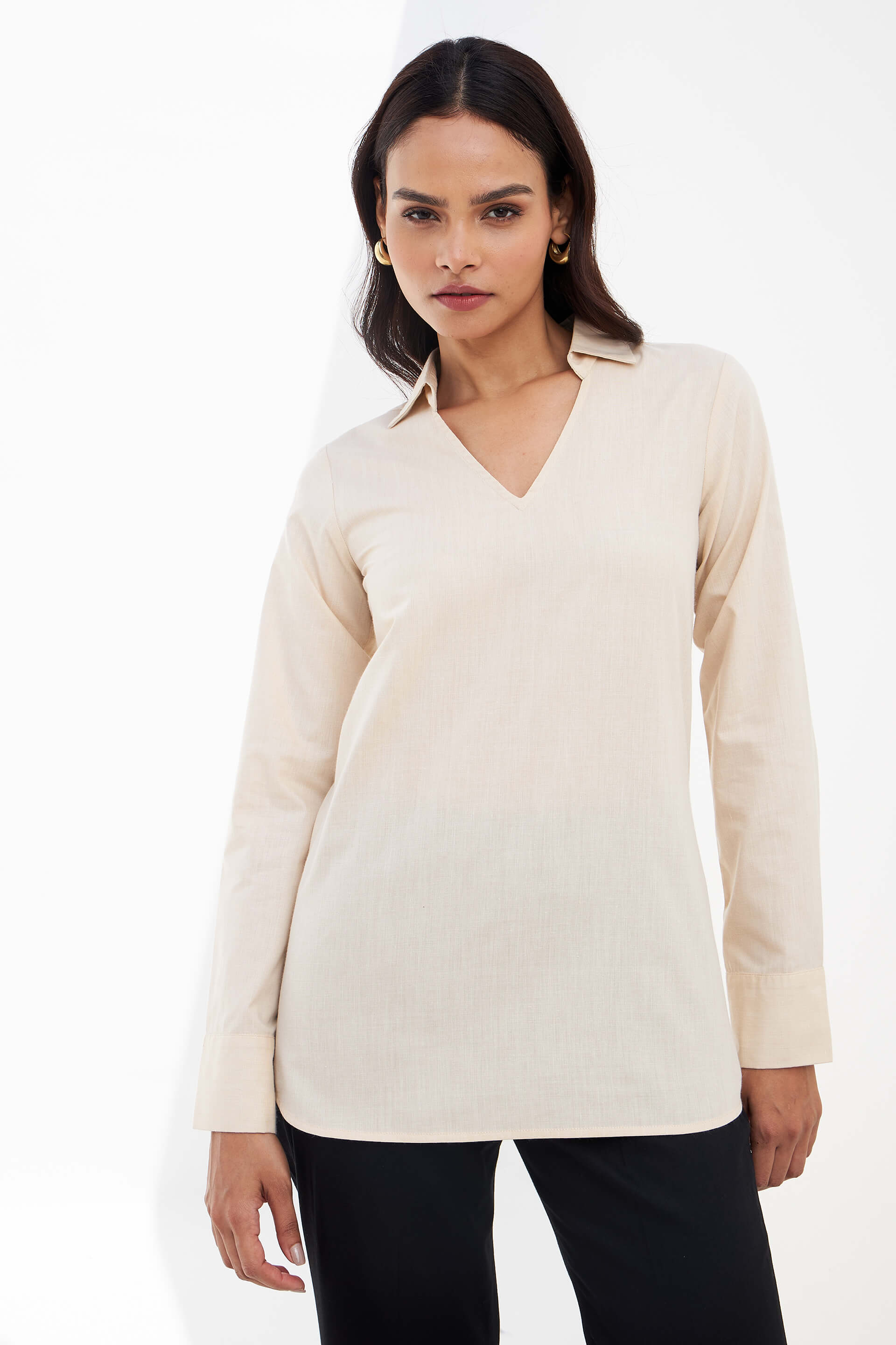 Allure-Beige Collared Long Top - Beige