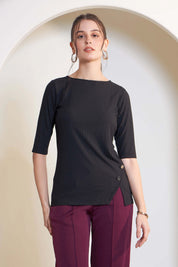 Serena Embellished Rib Knit Top - Black