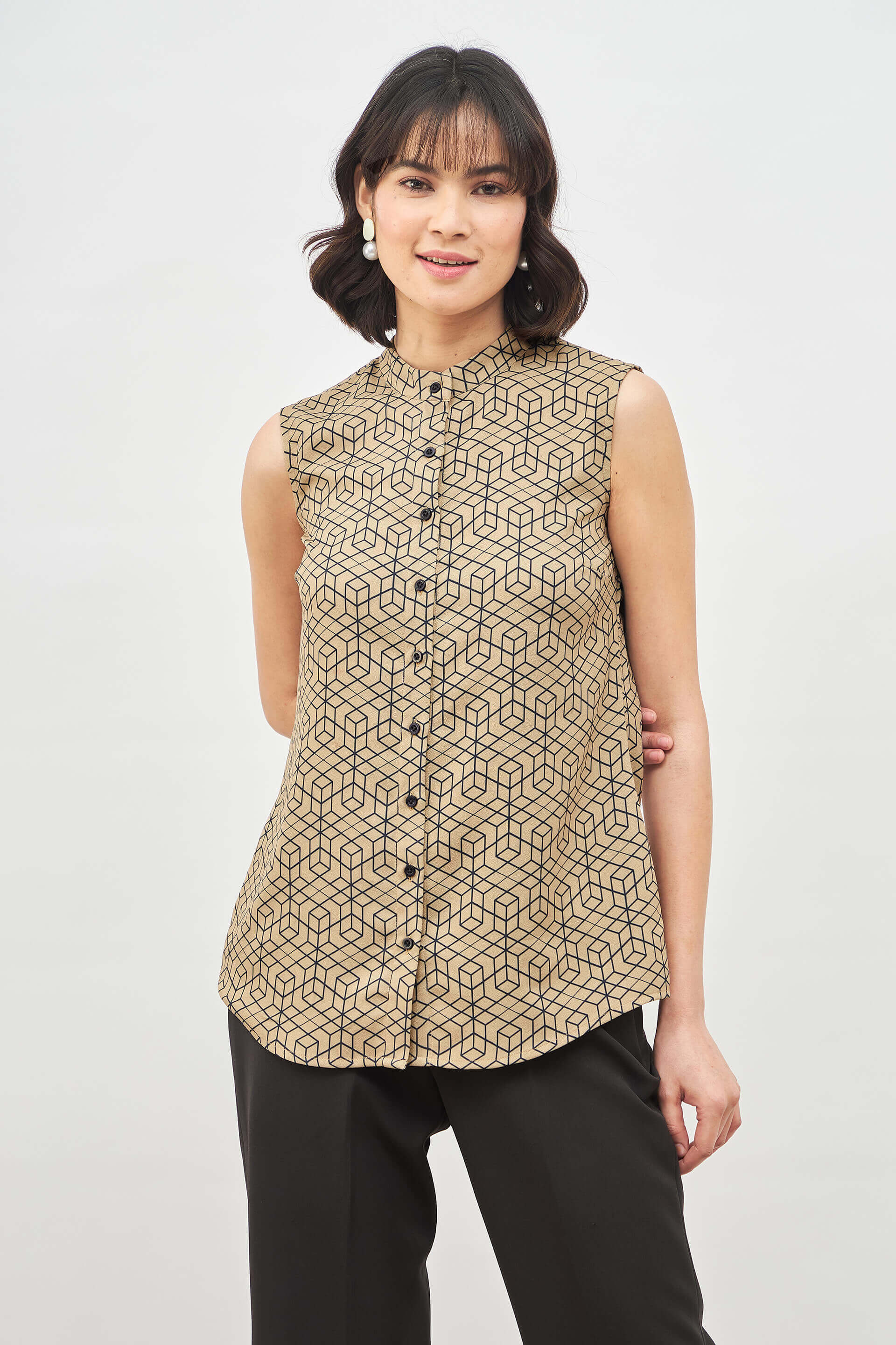 Salient Beige Shirt Geometric Mandarin Collar Shirt - Beige