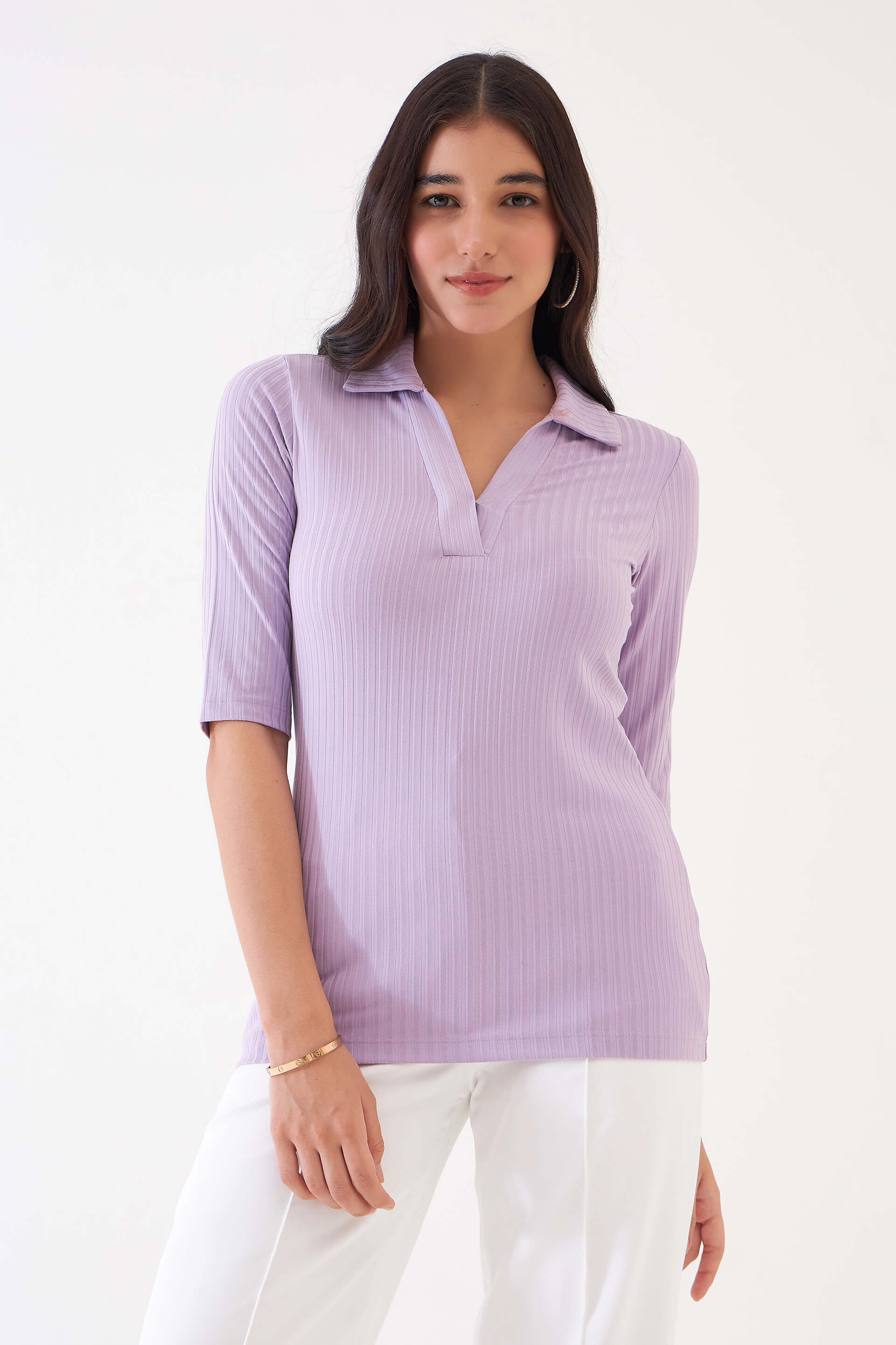 Woody-Lilac Collared Rib Knit Top - Lilac