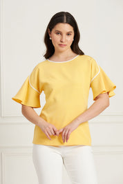 Chloe-Yellow & White Contrast Piping Top - Yellow