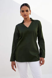 Allure-Olive Green Collared Long Top - Olive