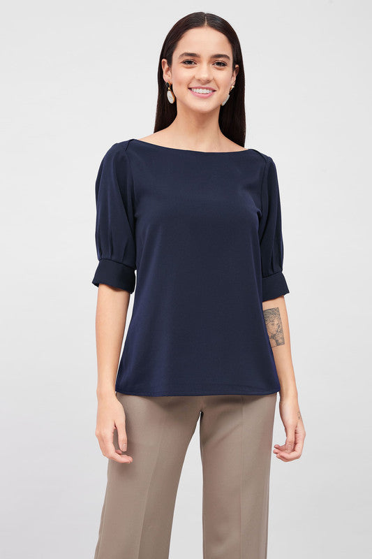 Mocha Pleated Sleeve Top - Navy