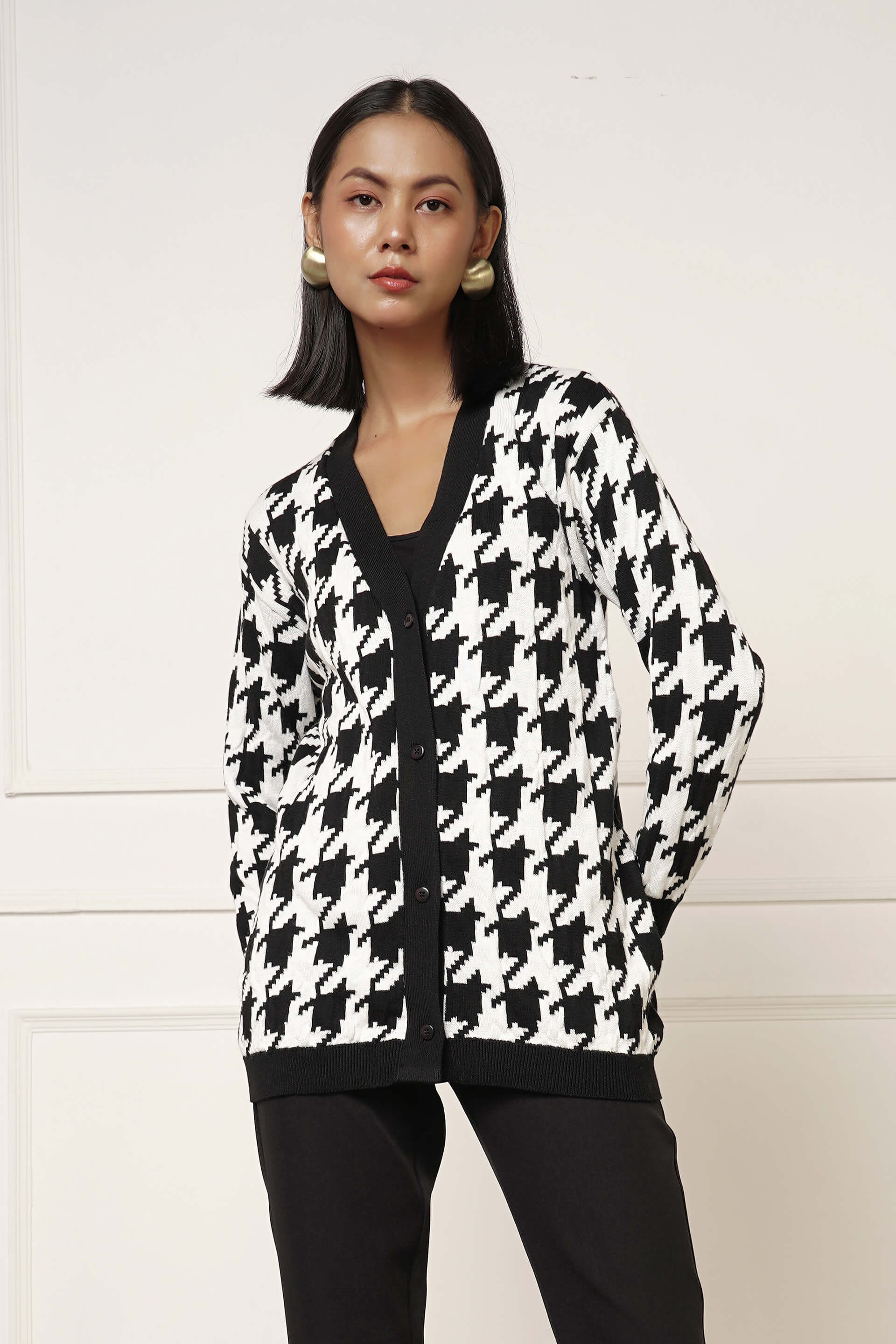 Bergen Houndstooth Knit Cardigan - Black/White