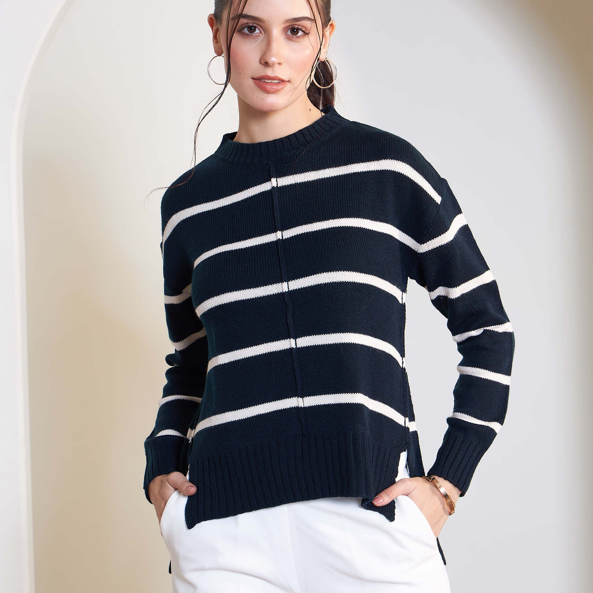 Penelope Striped Knit Sweater - Navy & White