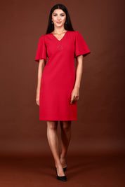 Evelyn Formal-Casual Flutter Sleeve Shift Dress - Red