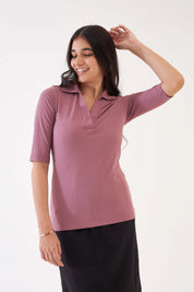 Woody-Dusty Pink Collared Rib Knit Top - Dusty Pink