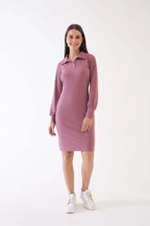 Elsie Collared Rib Knit Dress - Dusty Pink