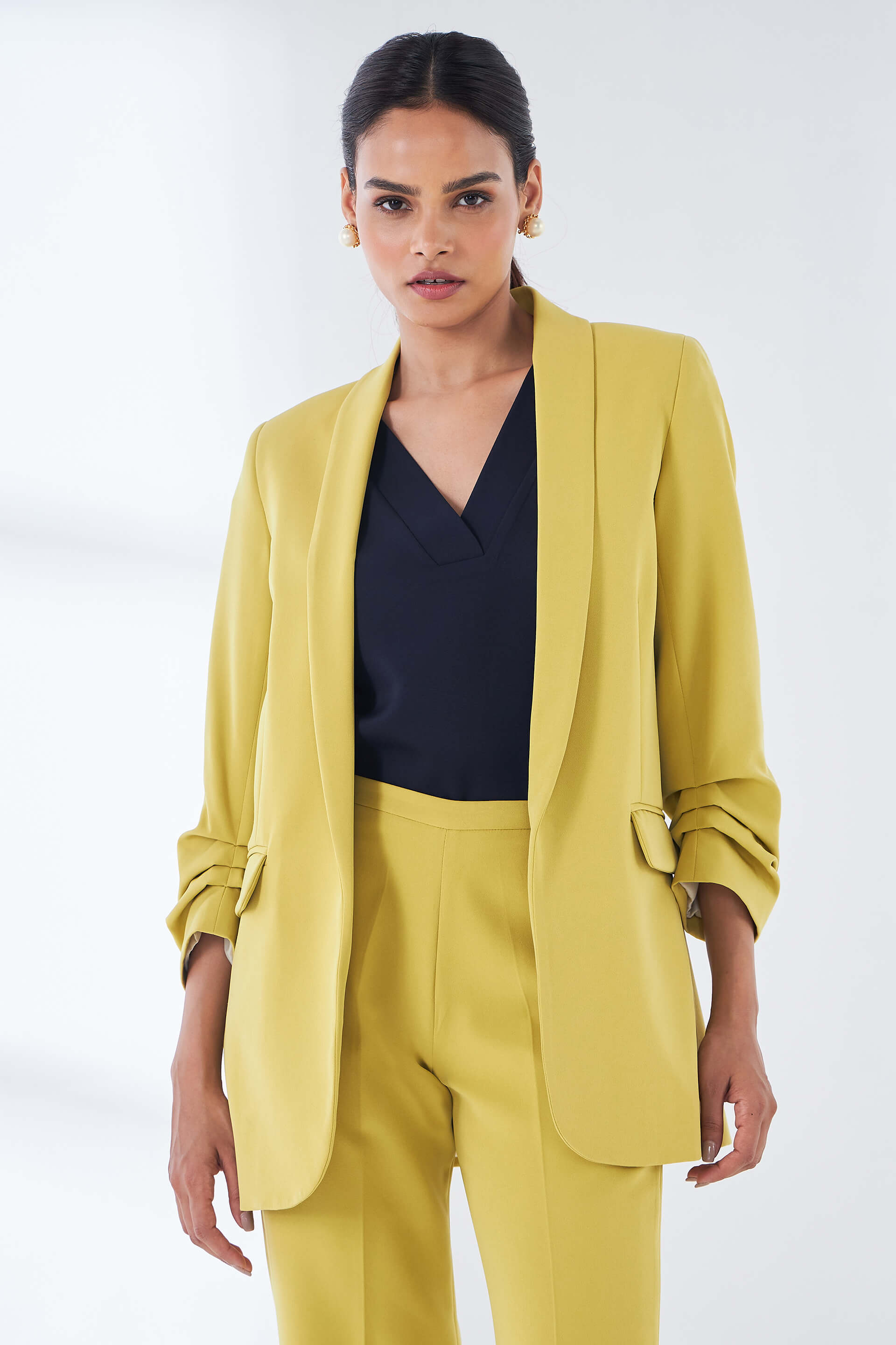 Spunky Ruched Sleeve Blazer - Chartreuse
