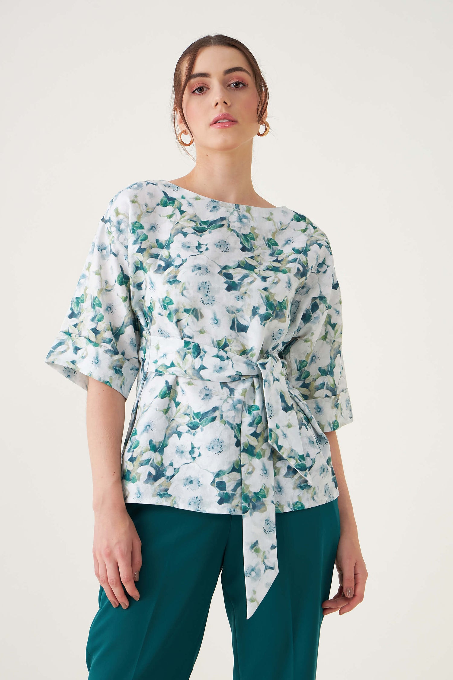 Pixie Floral Belted Top - Green/White